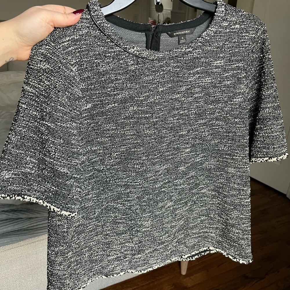 Black and white short sleeve tweed shirt
